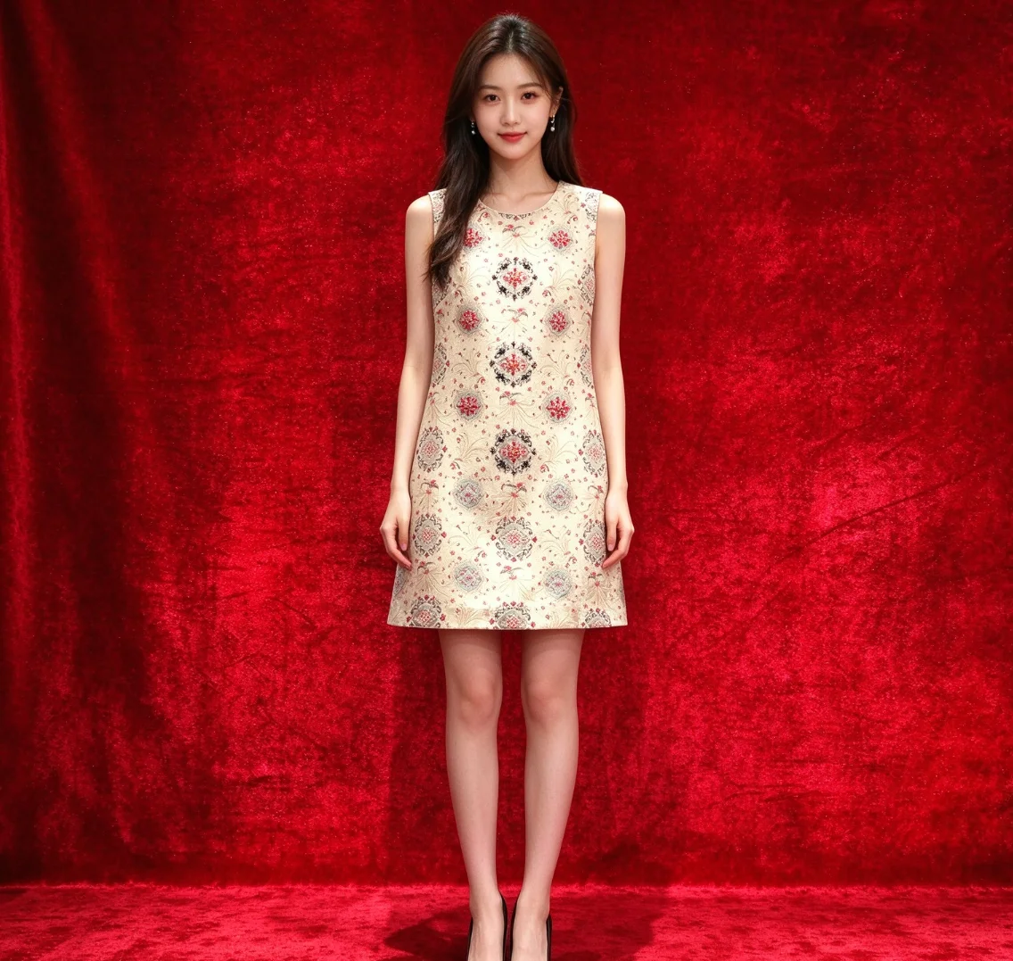 High Quality New Spring Summer Geometry Embroidery Jacquard Short A-line Dress Luxury Beads Elegant Round Neck Loose Waist Dress