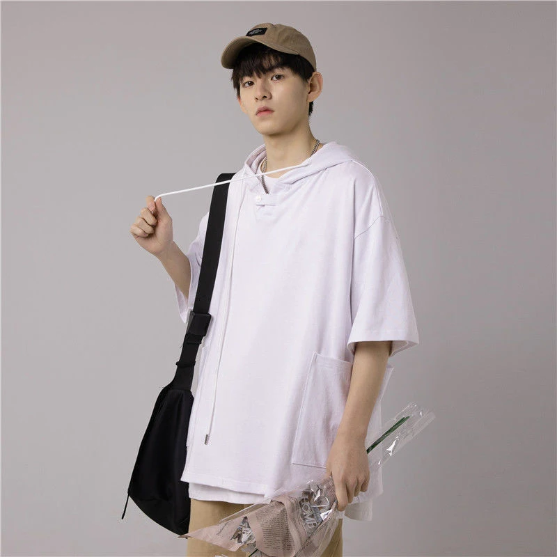 

Summer Japan Style Hooded Short Sleeve Men Sweatshirts Thin Loose All-match Fashion Harajuku T Shirts Casual Oversized Clothing