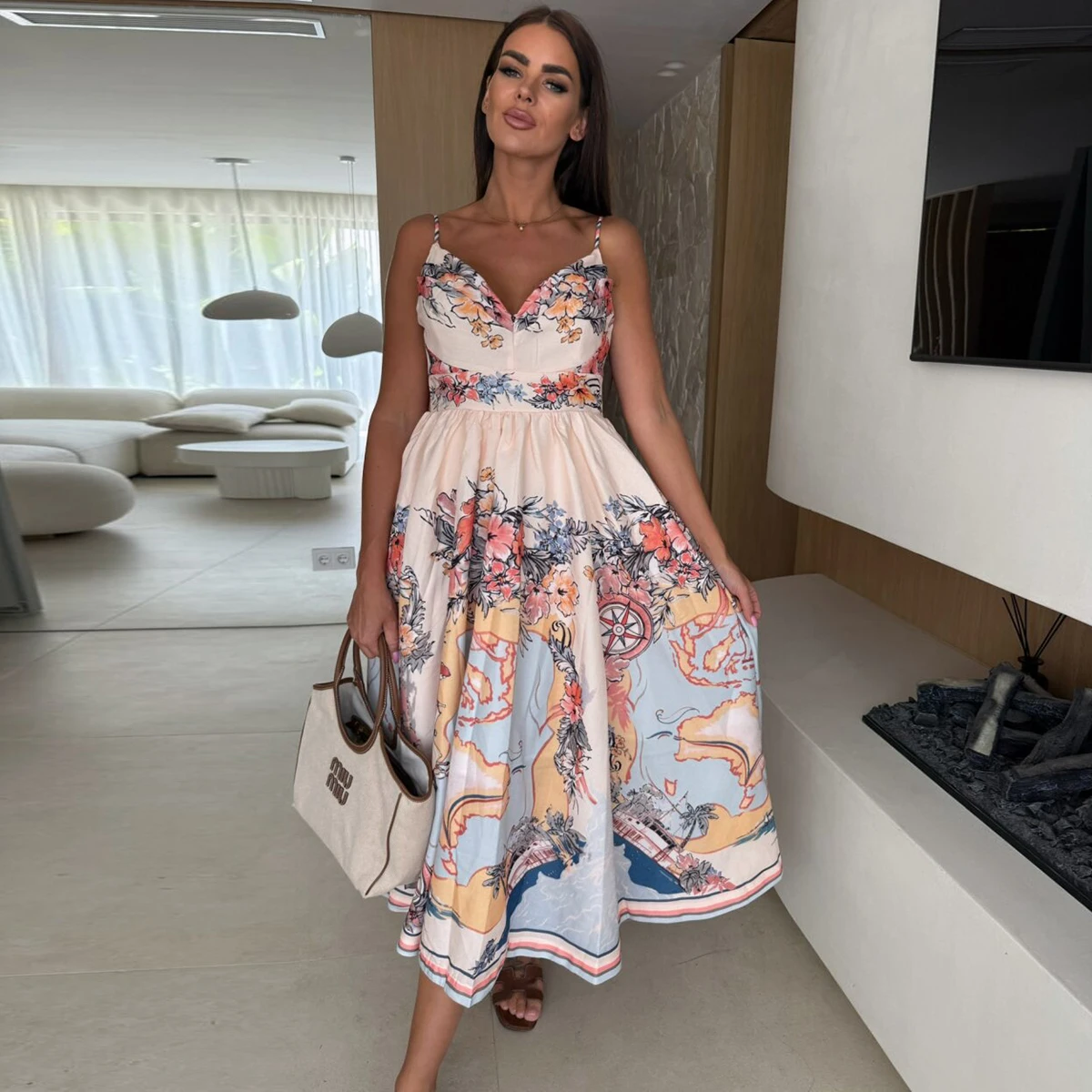 

Women Elegant Deep V Neck Floral Print Strap A Line Linen Spring Summer Dress