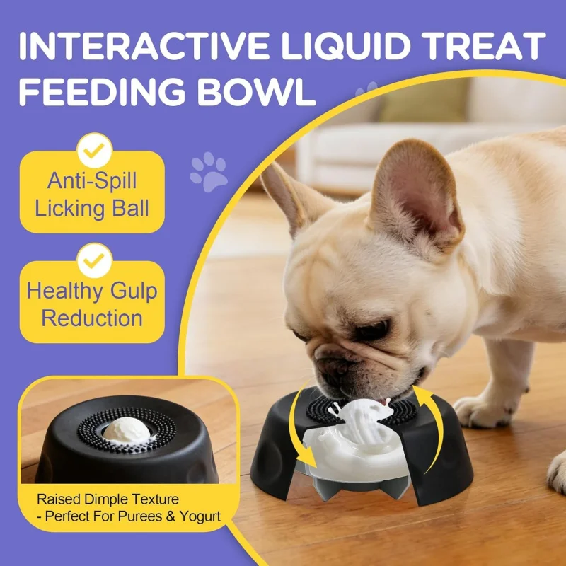 Cuenco Lento para Perros, Antideslizante de Silicona, con Bola Rodante para Lamer, para Comida Líquida, Caldo de Hueso, Yogur, para Todas las Razas, 1 taza 8.5oz, Negro