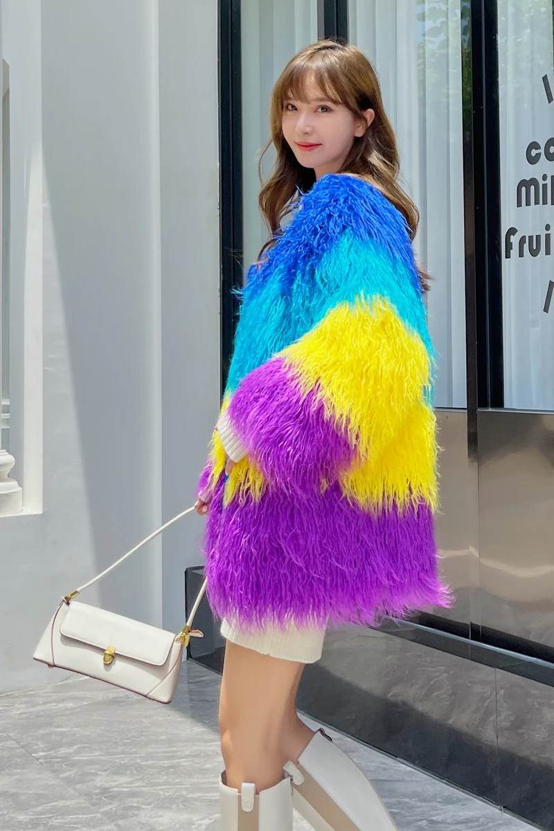 Young 2024 Tan Wool Colorful Women's Imitation Fur Stitching Contrast Color Fashion Mid-Length Autumn and Winter Artificial