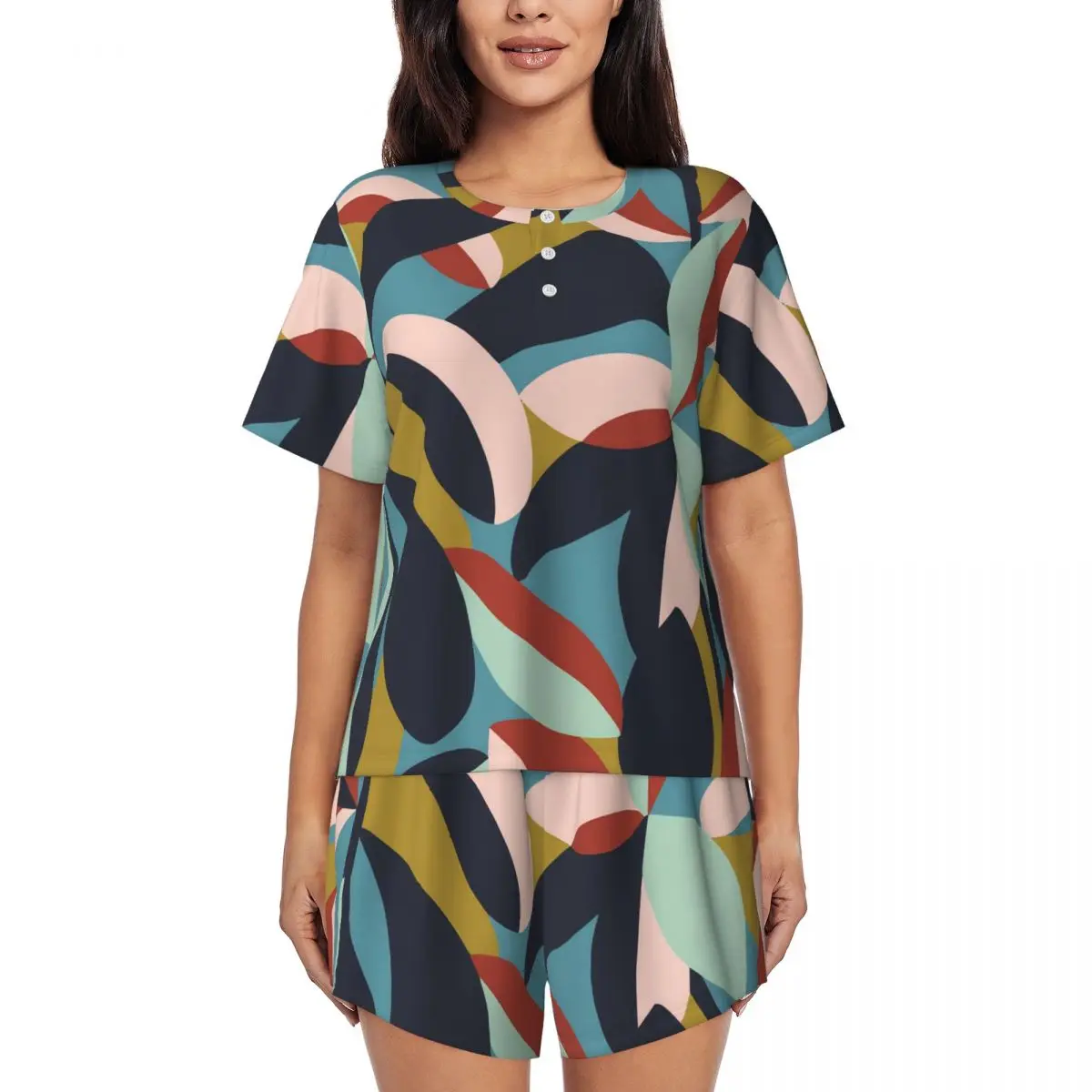 

Abstract Color Block Pajamas Summer 2 Pieces Leaf Print Cute Pajama Sets Women Short Sleeves O Neck Room Custom Nightwear