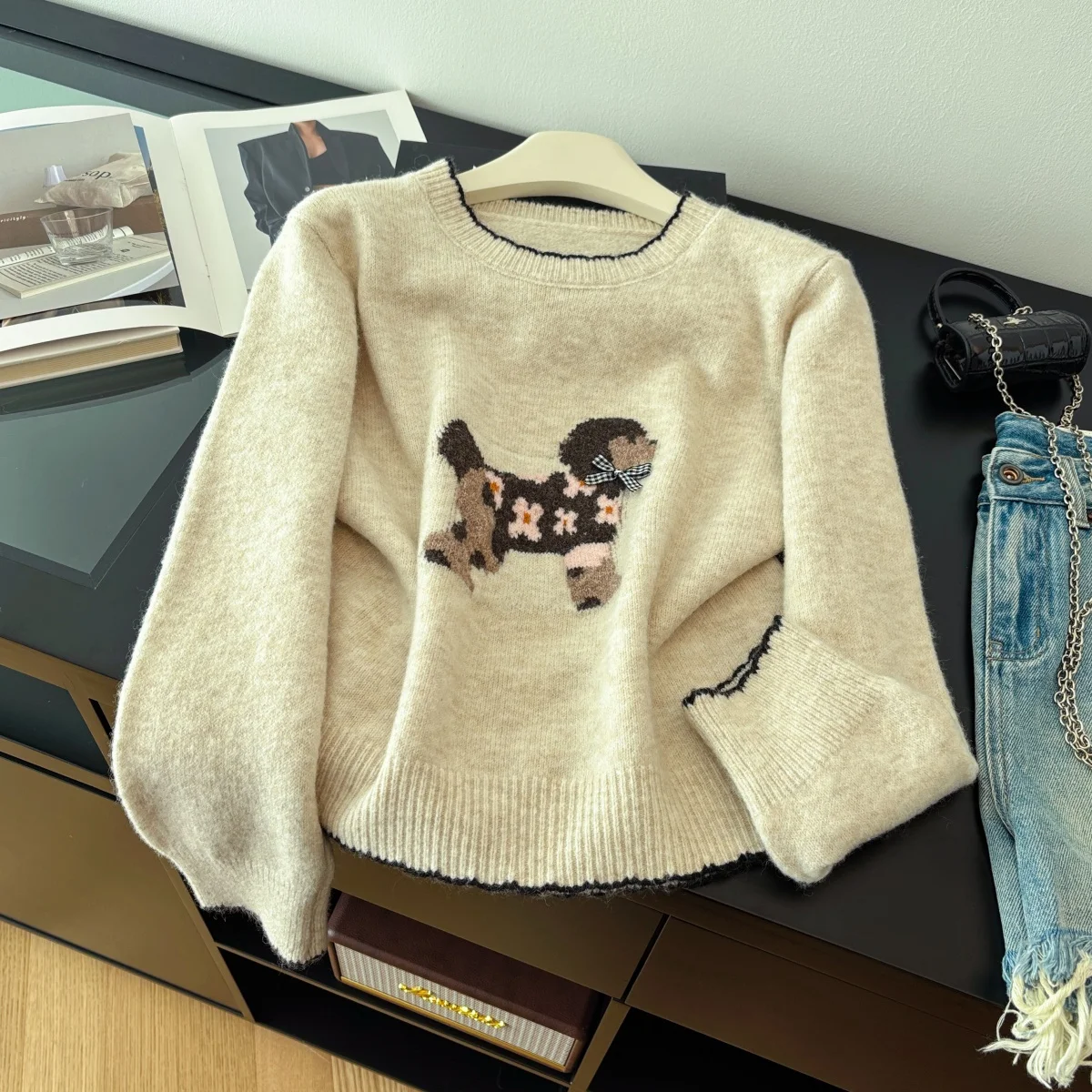 

Women's Apricot O-Neck Pullover Embroidery Sweater 2000s Vintage Korean Style Jumper Knit Long Sleeves Cashmere Sweater Clothes