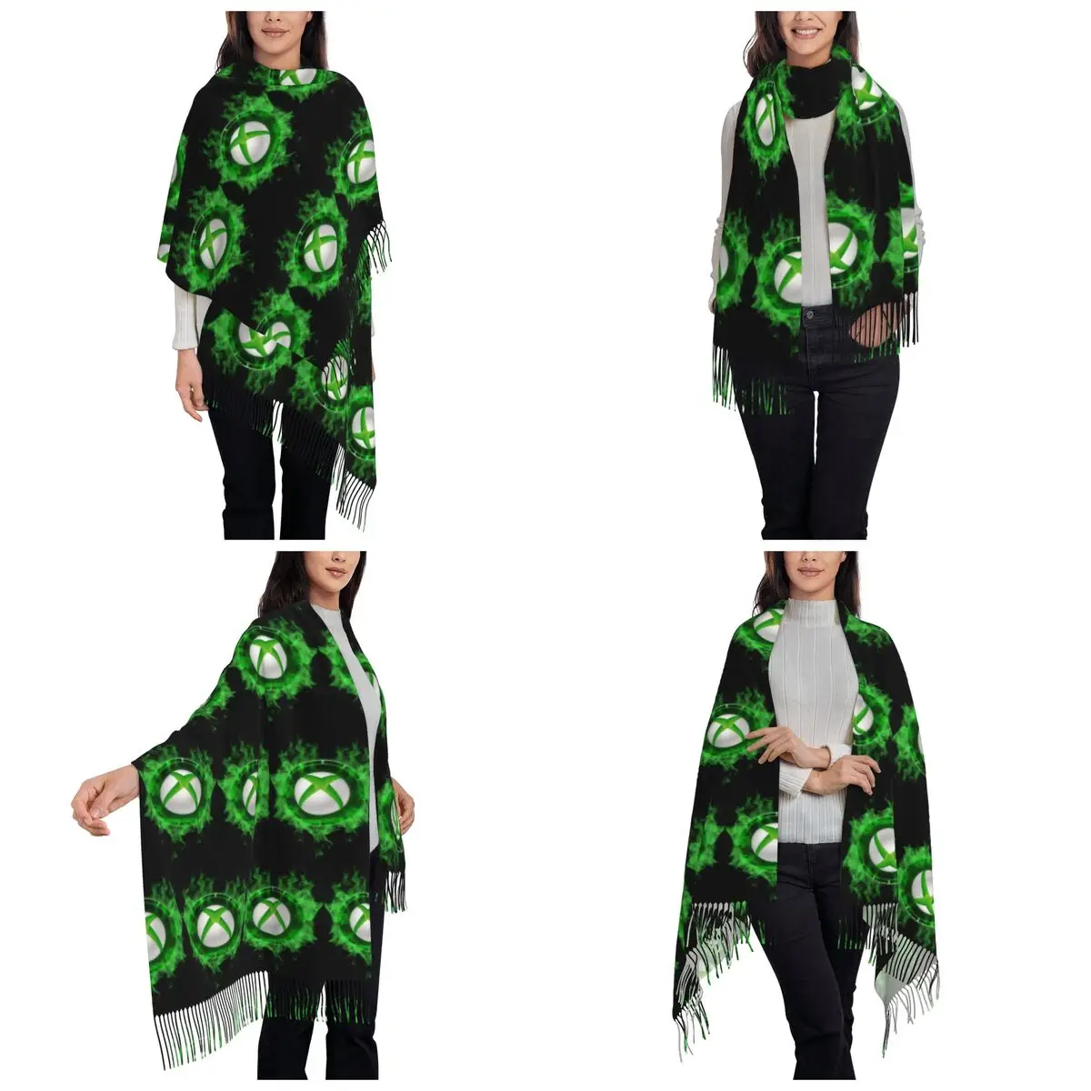 وشاح بشعار Xbox وشاح شرابة للنساء شالات دافئة ناعمة ويلتف شال كبير للخريف والشتاء