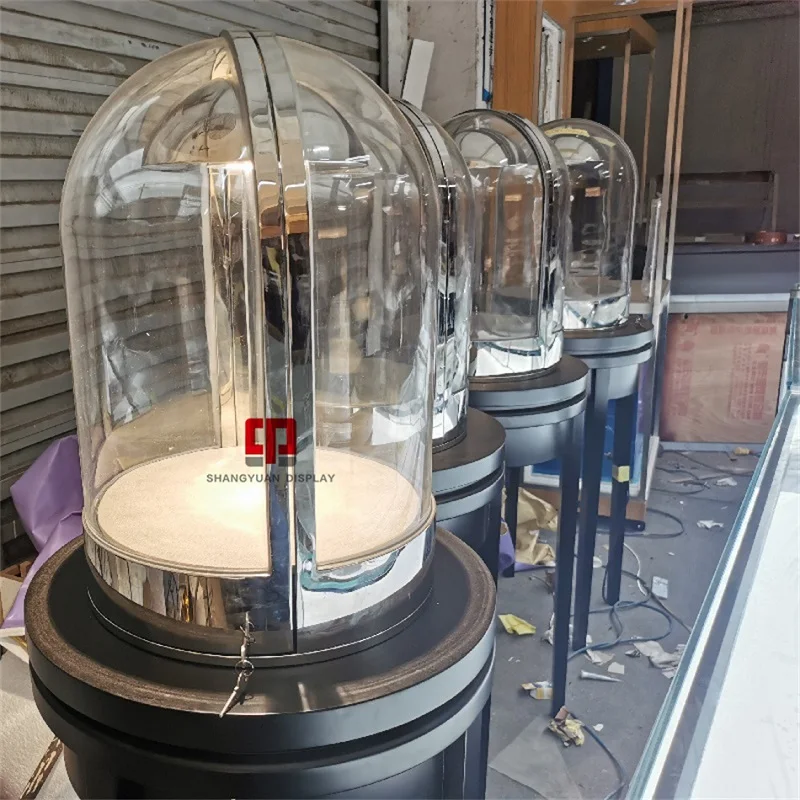 Lemari Pajang Perhiasan Kaca Mewah Model Baru, Bentuk Bulat, dengan Lampu LED