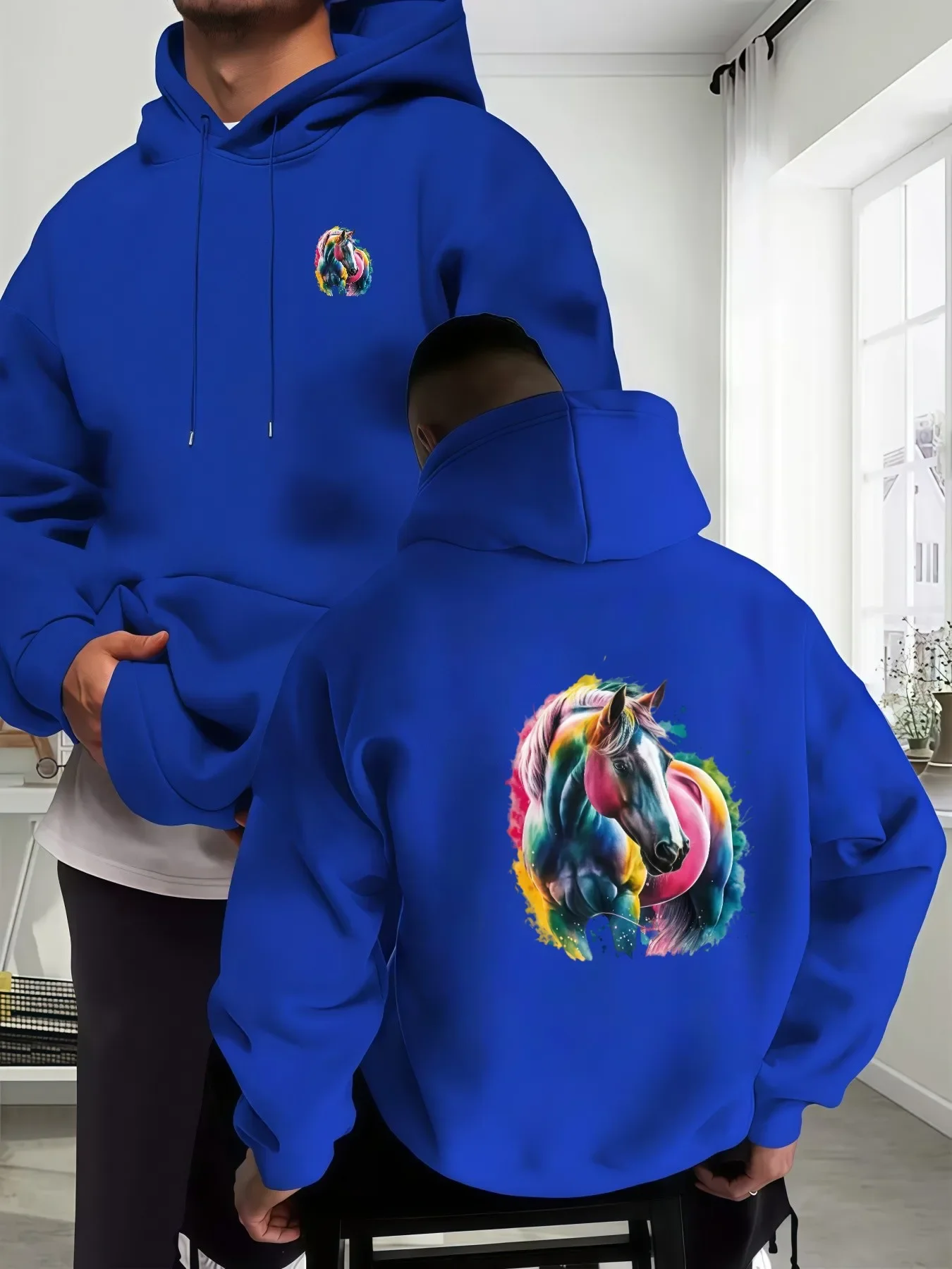 Vibrant Splash Art Horse Print Hooded Sweatshirt Unisex Streetwear Long Sleeve Casual Hoodie