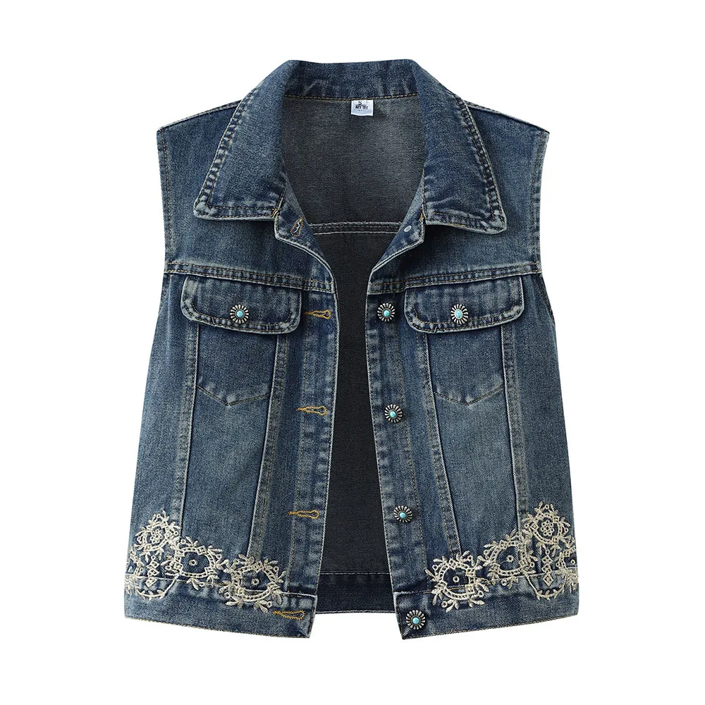 

Винтажный женский джинсовый жилет с вышивкой в виде цветов, без рукавов, ретро-стиль, повседневный джинсовый жилет для женщин