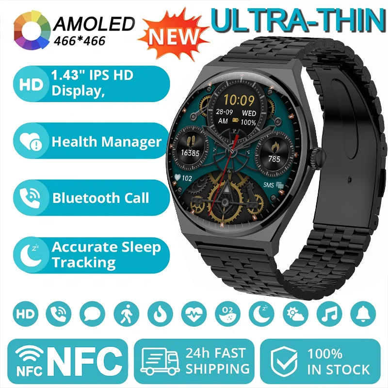 

New Ultra Thin Smart Watch Men AMOLED Always Show Time 150+Sports Heart Rate Bluetooth Call IP68 Waterproof GPS Track Smartwatch