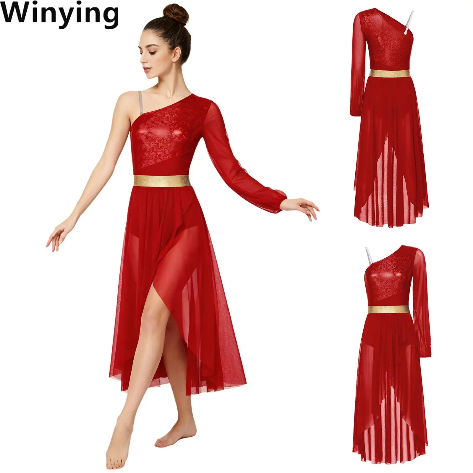 

Women Lyrical Modern Ballroom Dance Leotard Dress One Shoulder Long Sleeve Metallic Bodice Irregular Mesh Dresses Worship Robe