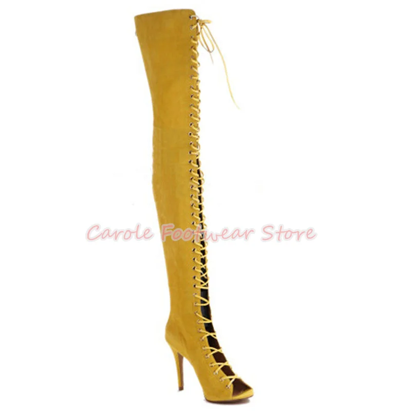 

Women Peep Toe Over-The-Knee Lace-Up Long Boots Sexy Hollow-Out Cross-Tied Strap High Heel Sandals Lady Summer Cool Boots