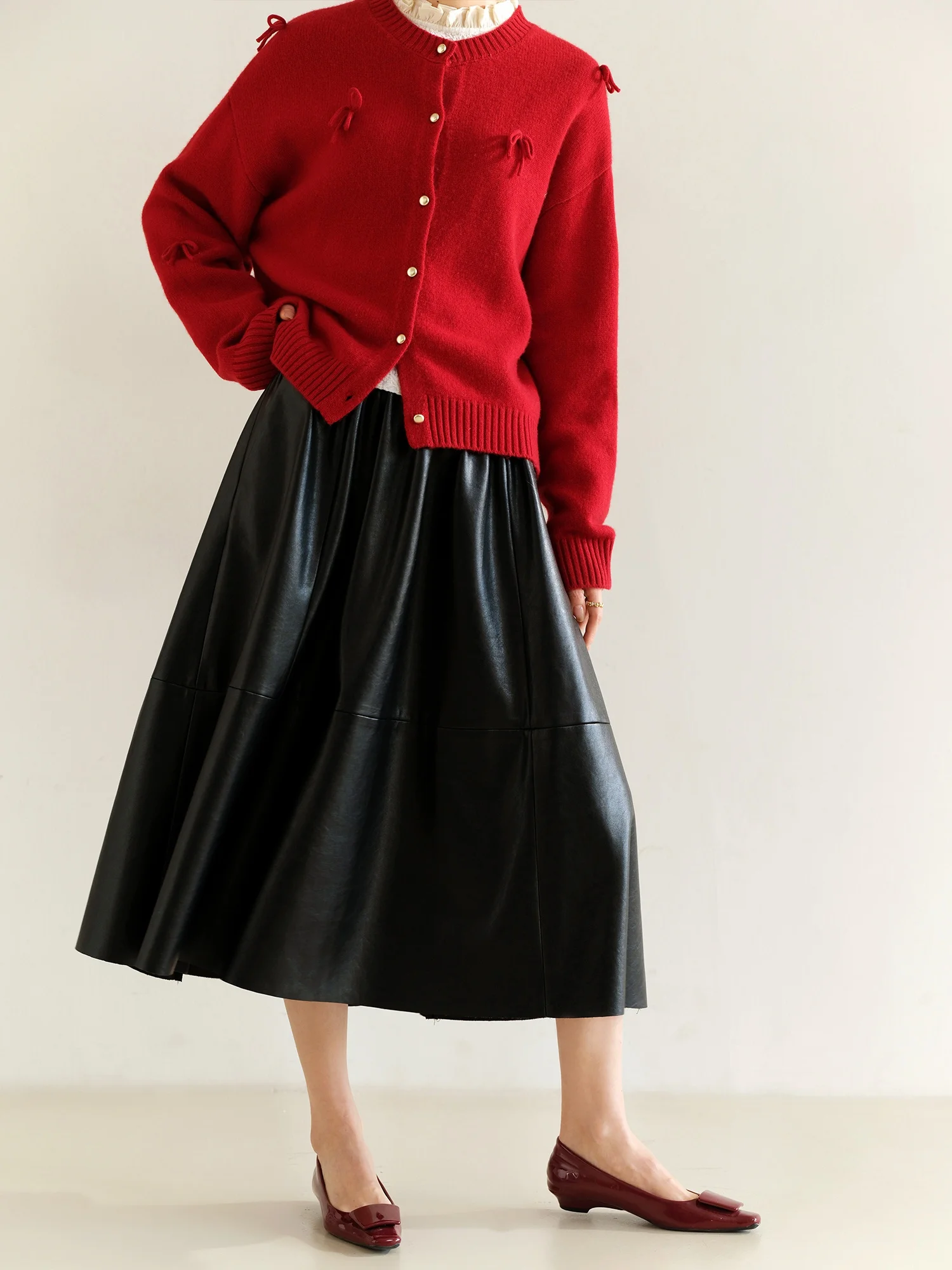 친환경 플리스 안감 하이웨이스트 우산형 스커트 프리미엄 아일랜드 실크 고급 미니멀리스트 디자인 여성용