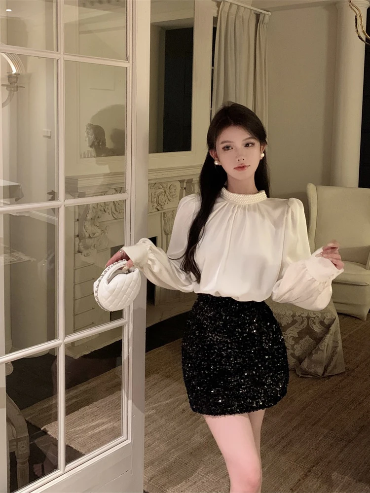 Vintage Satin finish Beads Women Black Shirt Elegant Fashion Stand Collar Long Sleeve Blouses Loose Lady Blouse Autumn Spring