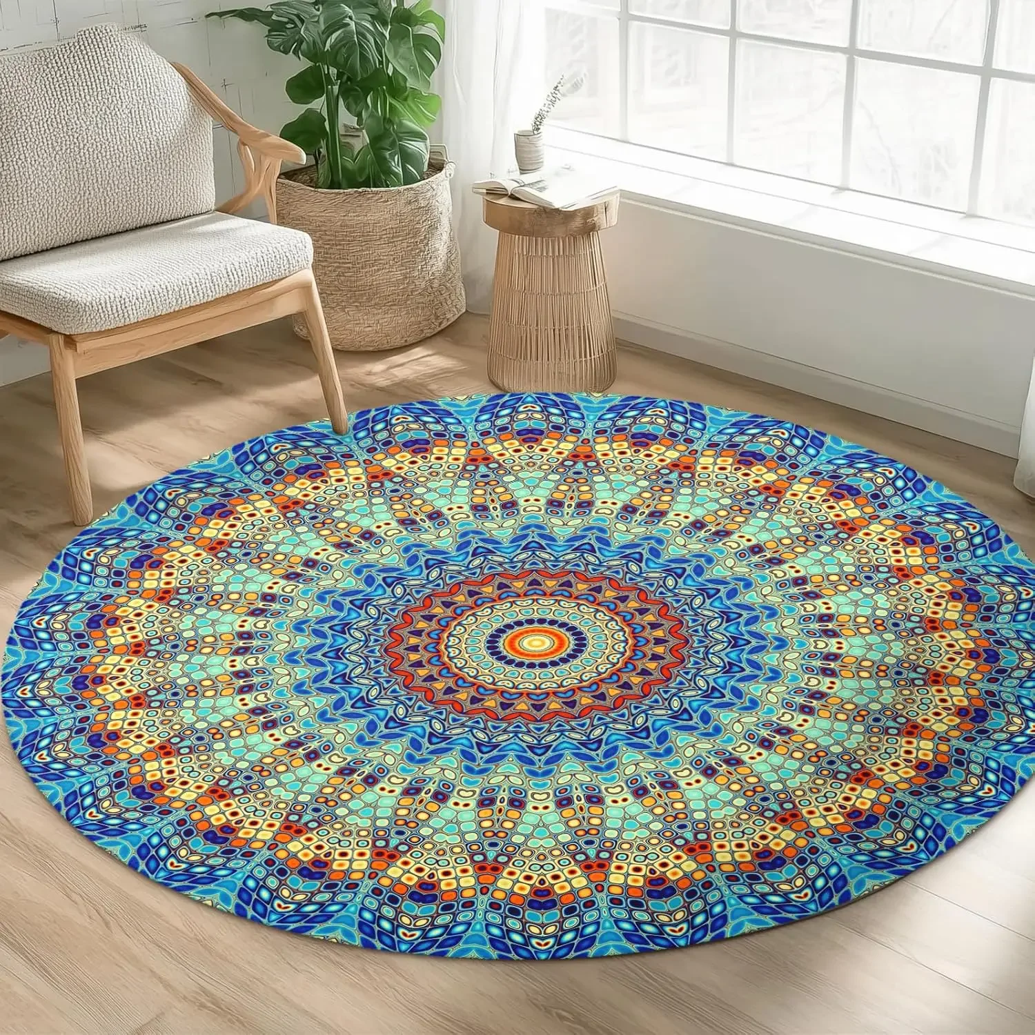 Vibrant Multicolor Mandala Round Rug Geometric Symmetry for Spiritual or Yoga Space
