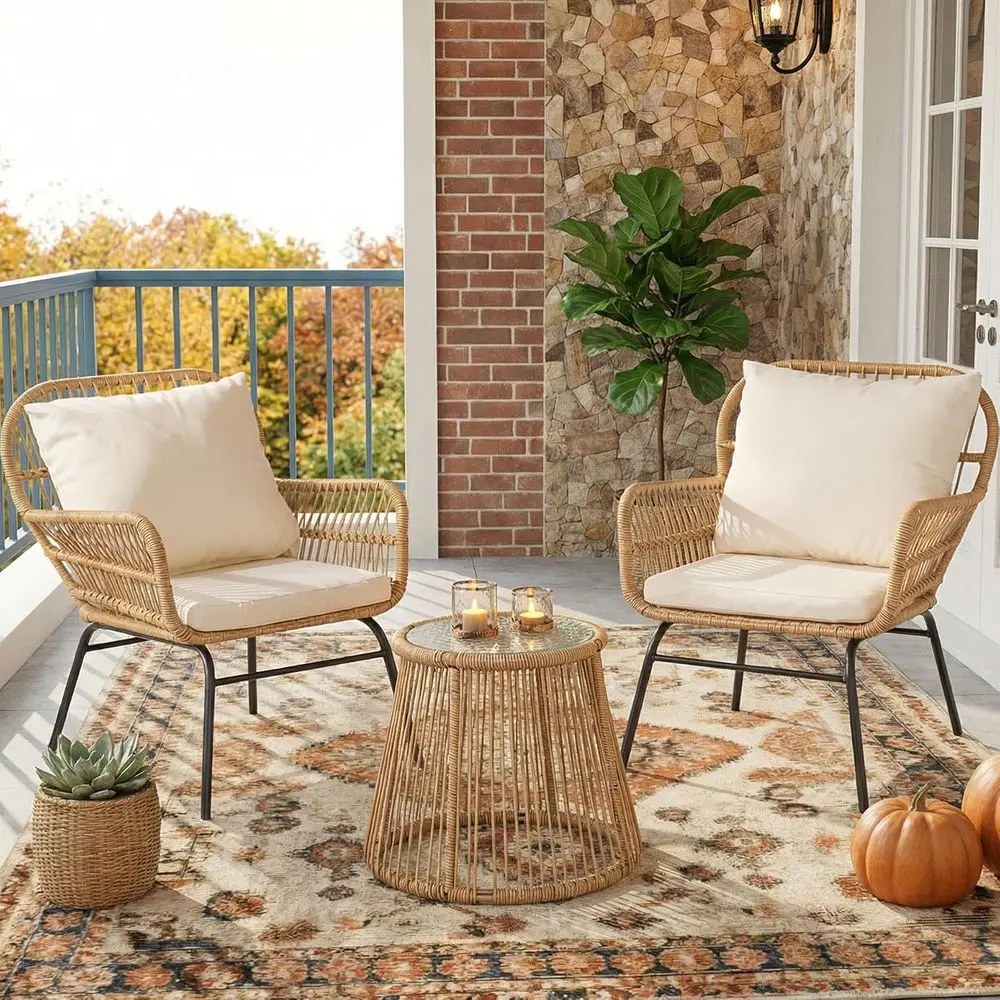 

3 Pieces Small Outdoor Patio Chair Set with Thick Cushion and Round Glass Table, 500lbs Sturdy Wicker Chair, Bistro Set or Garde