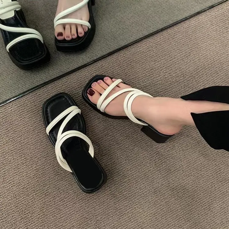 

2025 New Women Strappy Platform Sandals Summer Square Head Solid Color High Heels Temperament Outdoor Non-slip Shoes