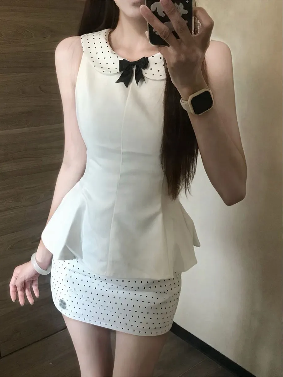 

Summer Beautiful Half-length Skirt Set Sleeveless Dotted Pattern Waist-cinching Fashionable Two-piece Women's Clothing