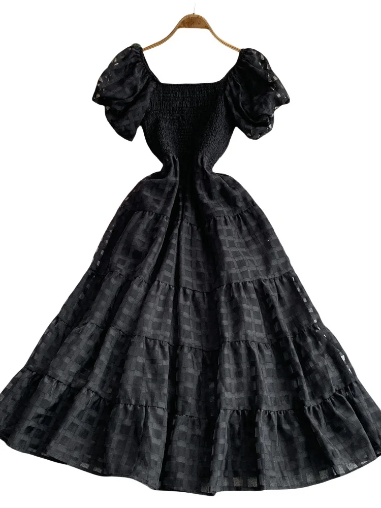 Vestido Estilo Princesa com Mangas Bufantes Verão Novo Cintura Alta Efeito Emaecimento Vestido Midi em A Estilo Coreano