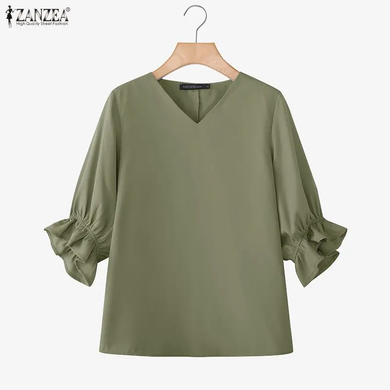 

2026 ZANZEA Summer Woman Tops Fashion Women V Neck 3/4 Sleeve Blouse Casual Solid OL Work Shirt Female Holiday Blusas Oversize