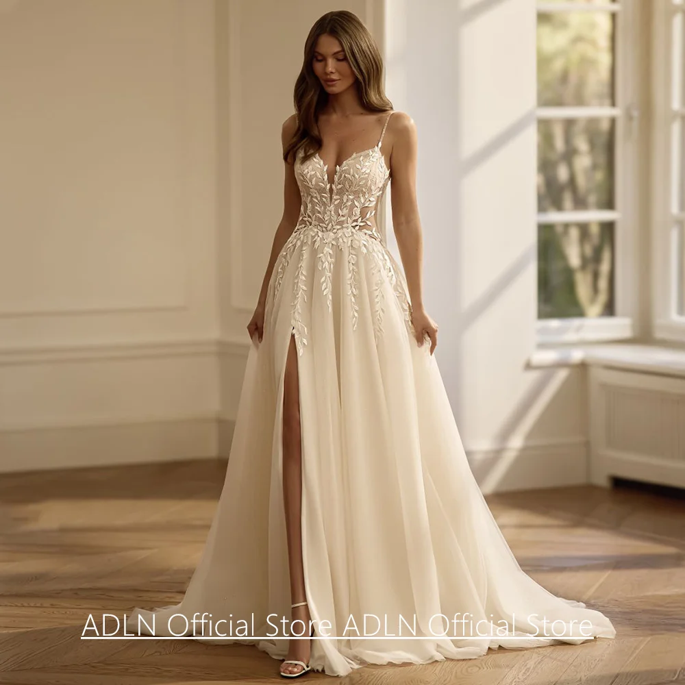 Sexy Hochzeitskleid, maßgeschneiderte Spaghettiträger, V-Ausschnitt, durchsichtige Spitzenapplikation, rückenfrei, geteiltes Brautkleid, Robe Mariee