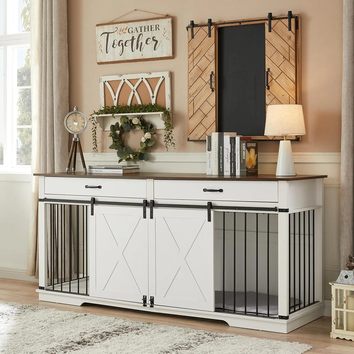 

72.5" Double Dog Crate Furniture for 2 Medium Dogs, Heavy Duty Wooden Dog Kennel with Room Divider, TV Stand with Sliding Doors