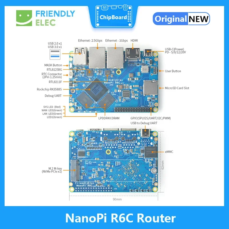 Router NanoPi R6C 4GB/8GB RAM 32GB eMMC Rockchip RK3588S A76 A55 Dual 2.5G Ethernet Mendukung HDMI2 Linux/Openwrt/Debian/Ubuntu