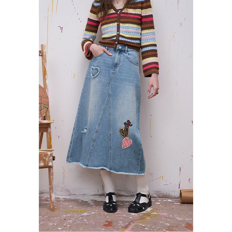 ELFSACK Patchwork Denim Skirt for Women, Washed A-Line Midi Skirt with Embroidery, Casual Versatile Jean Skirt for Women