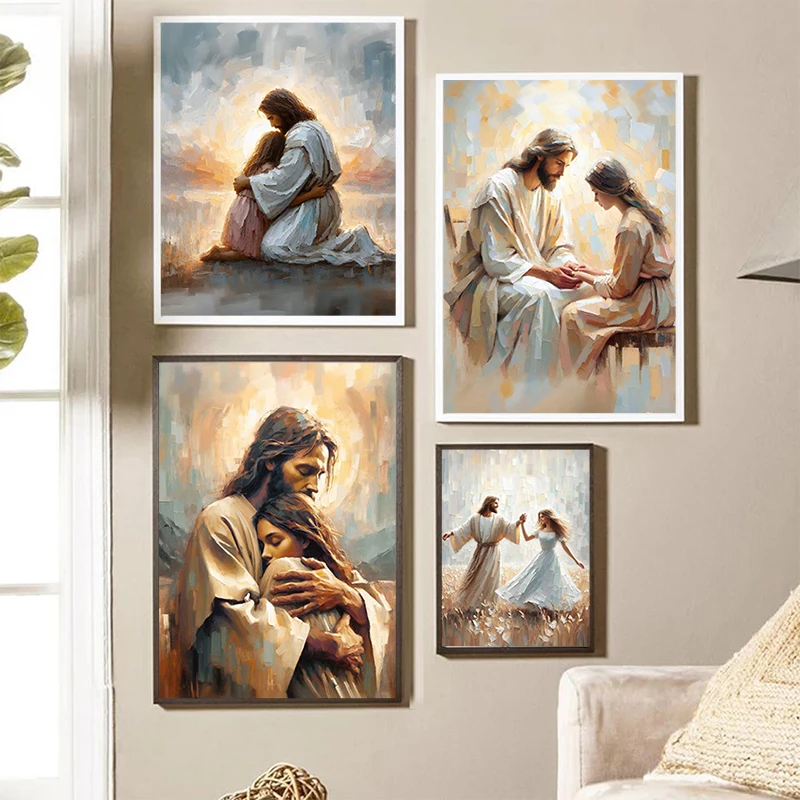 Jesus and Girl Poster Healing Embrace Always with You Canvas Painting Christian Wall Art Picture for Living Room Home Decor