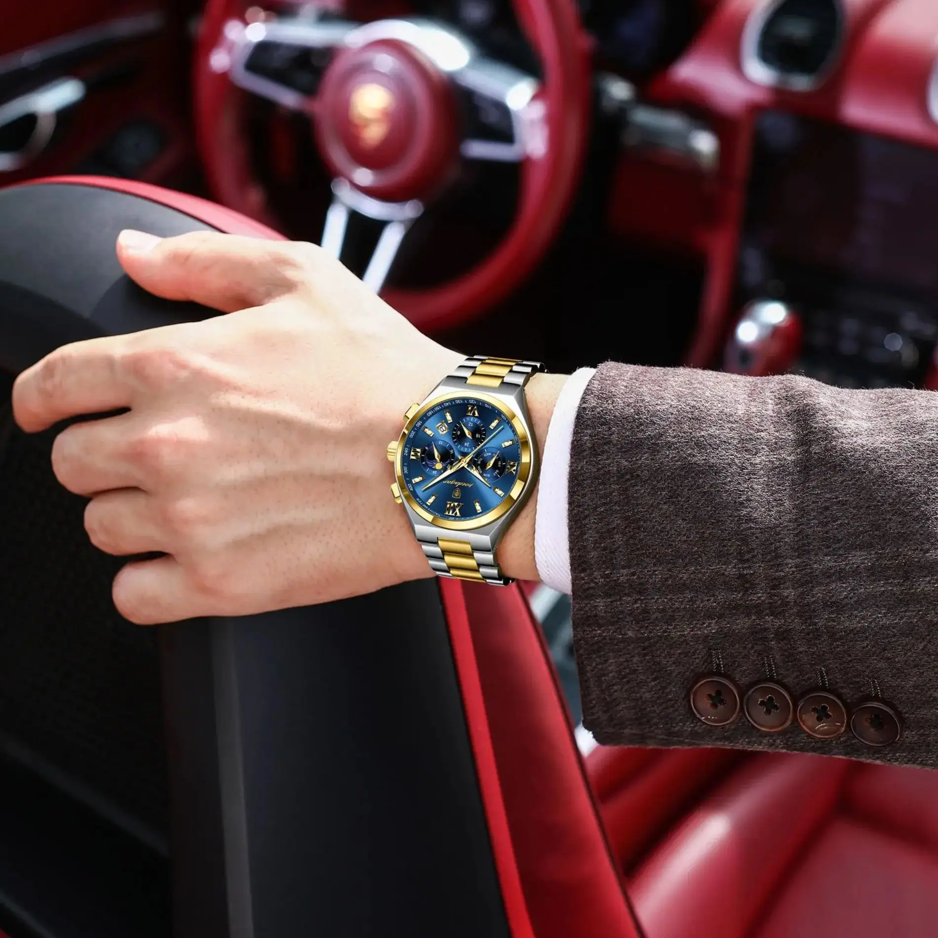 POEDAGAR高級スポーツメンズ腕時計オリジナル夜光曜日日付表示メンズステンレススチールクォーツ腕時計メンズ腕時計