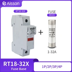 RT18-32X 1P 2P 3P 4P AC Fuse Holder DIN Rail Mounting Fuse Holder Bottom Adapter AC 380V-500V with RO15 10x38mm Ceramic Fuse