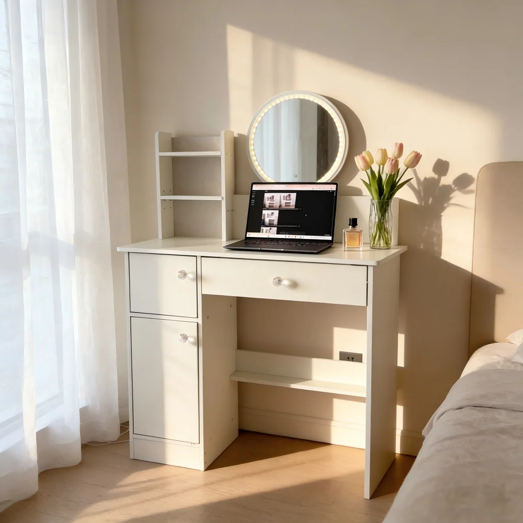 

Современный белый туалетный столик с LED-зеркалом и ручками в стиле хрусталя, съемная столешница, косметический столик с местом для хранения