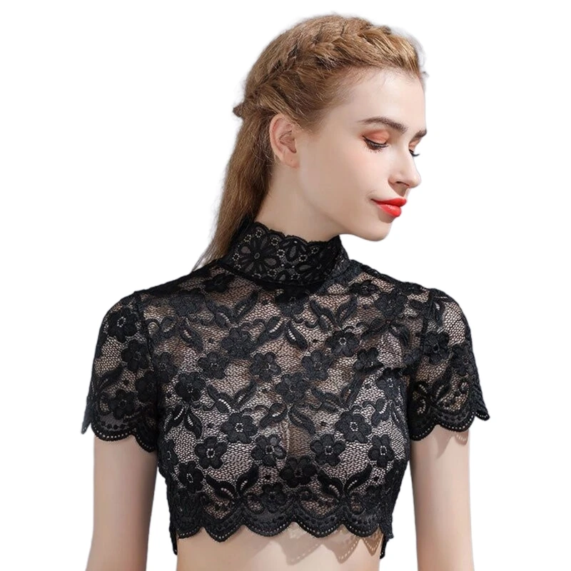 Women Turtleneck Detachable Collar Floral Lace Short Sleeve Half Shirt Dickey