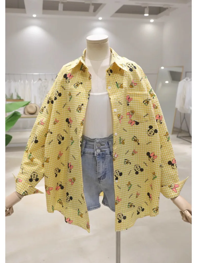 Breathable Age-Reducing Full Body Cartoon Blouse 2024 Summer Loose Mid-Length Plaid Long Sleeved Single-breasted Shirt For Women