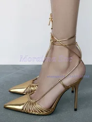 Golden Pointed Toe Hollow Sandals Narrow Band Lace-up Stiletto High Heels Sexy Fashion Women's Shoes Summer Banquet Party 2024