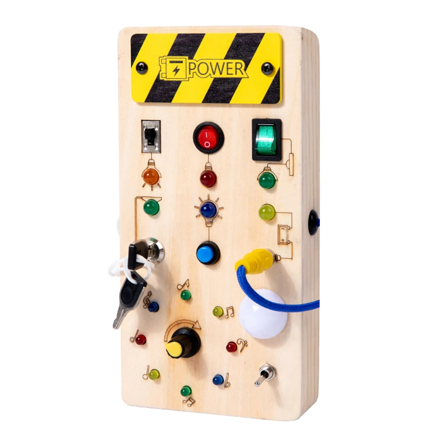 Montessori Busy Board Sensoryczne zabawki drewniane z przełącznikiem światła LED Tablica kontrolna Zajęcia podróżnicze Gry dla dzieci w wieku 2-4 lat