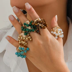 Salircon Trendy Imitation Pearl Stone CCB Small Ball Ring Women's Man 2024 Vintage Street Punk Hip Hop Ring Female Jewelry