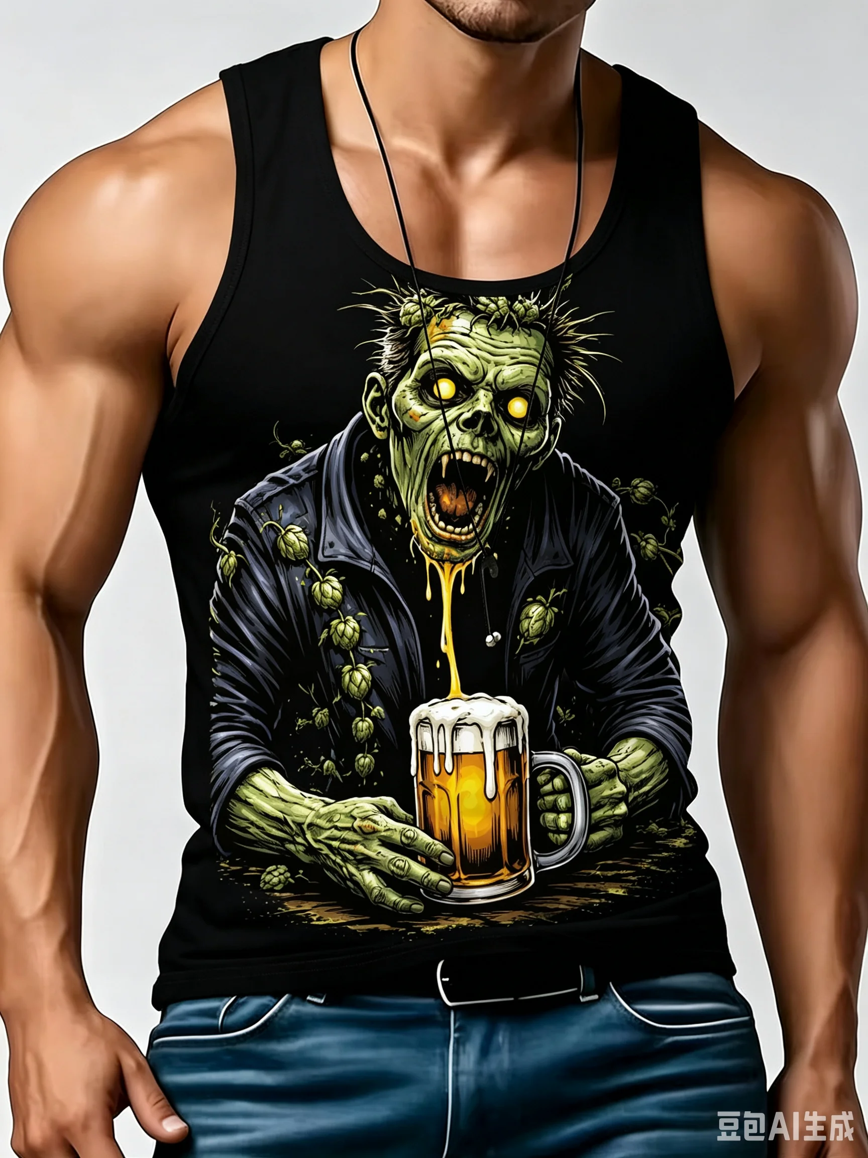 Zombie Beer Graphic Tank Top, Green Monster Drinking Beer Print Sleeveless Shirt, Funny Horror Casual Summer Vest For Men