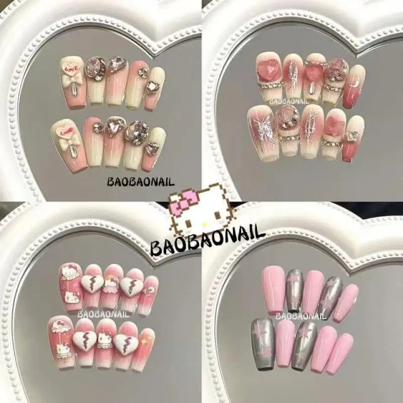 Diy Cartoon Sanrios Hello kitty butterfly Flash water drill Handmade Press on Nails Tips Nails Design Manicure