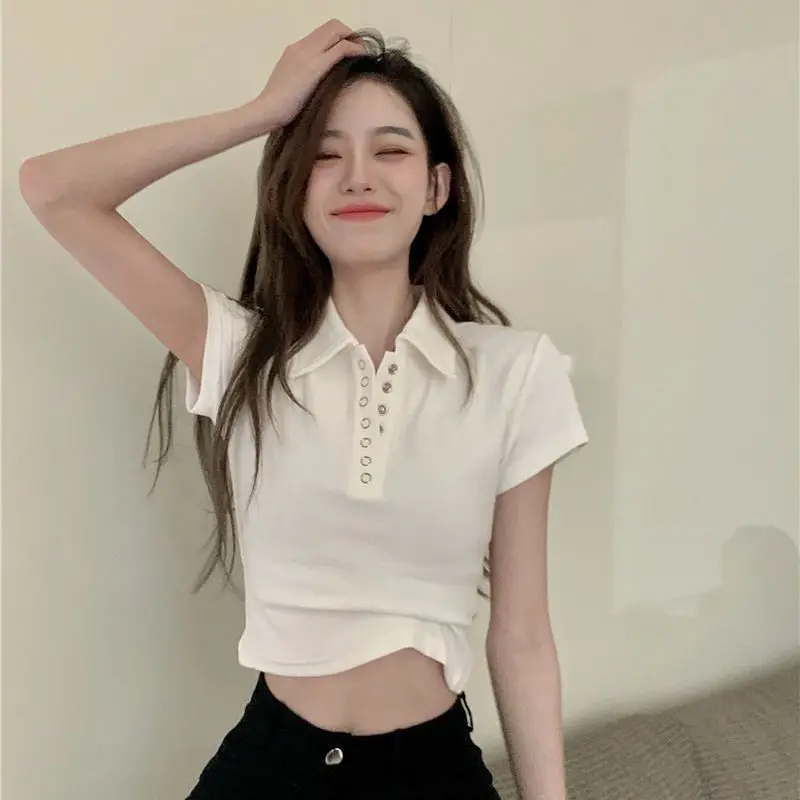 Women's Polo Shirts Slim Coquette Clothes Female Tee Sexy Crop Top Plain T-shirts Button New Basic Cheap Tops Aesthetic Casual