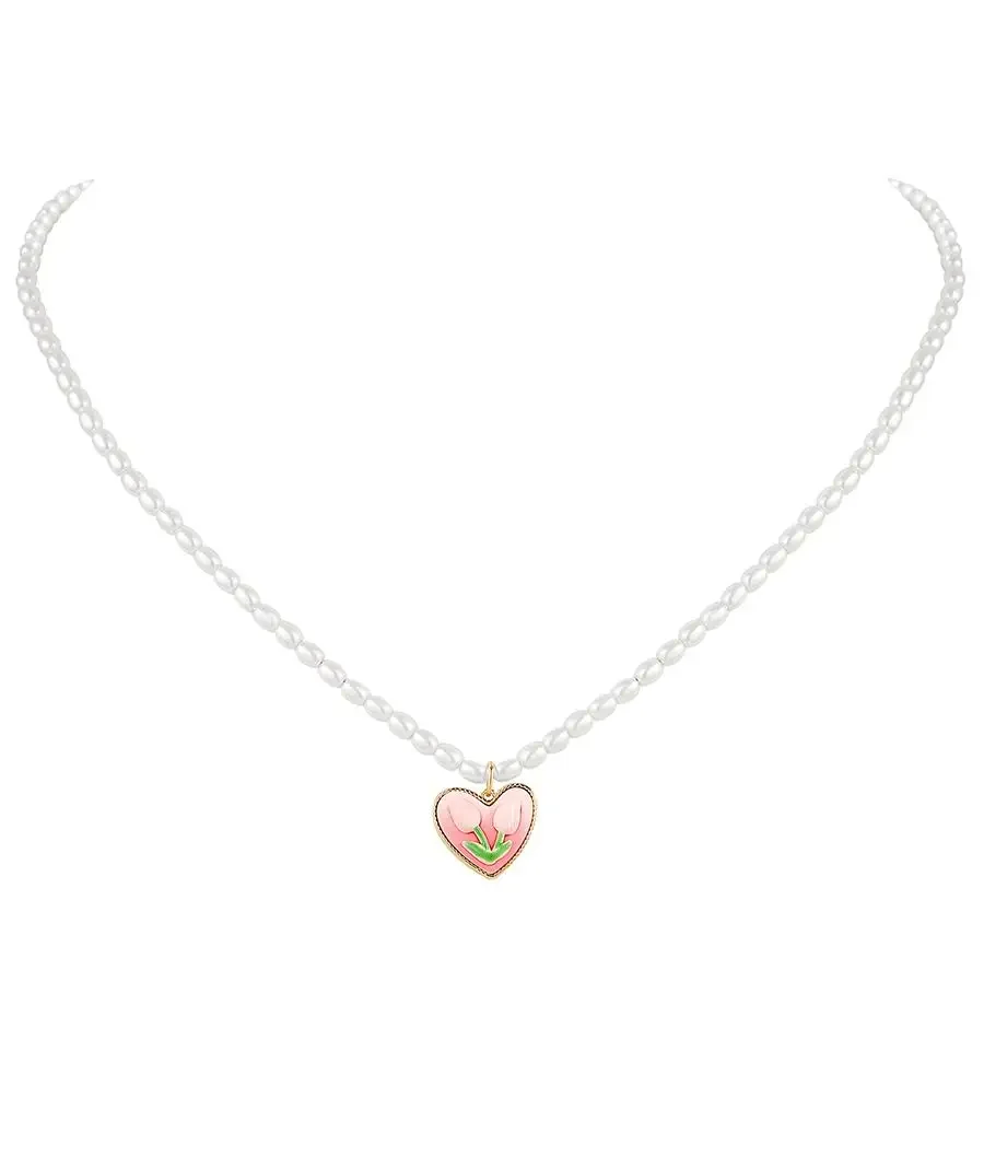 Faux Pearl Heart Pendant Necklace For Women Pink Tulip Chain 2024 New Accessories Chain Choker Jewelry Gifts