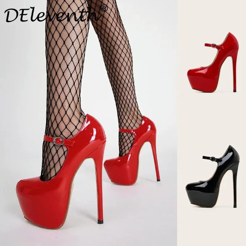 2024 Spring Autumn Women Platform Pumps Black Round Toe Buckle Strap 17CM Super High Heels Pole Dance Shoes Stiletto Mujer