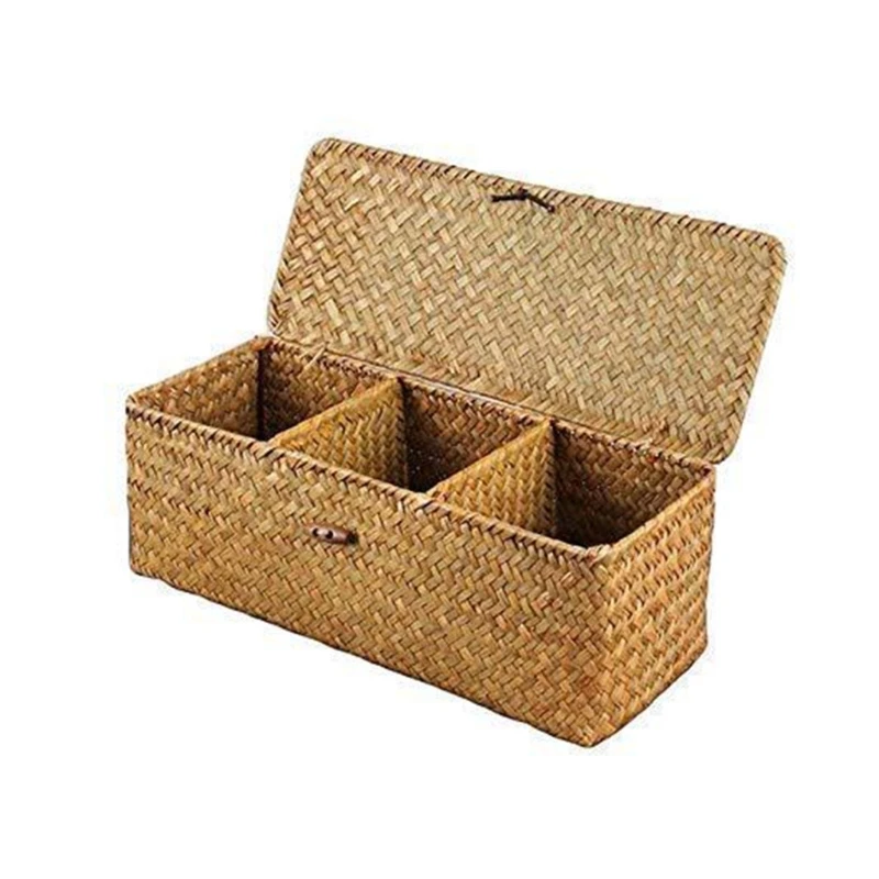 

Stylish Woven Desktop Storage Basket with Lid Handwoven Small Item Storage Box Dropship