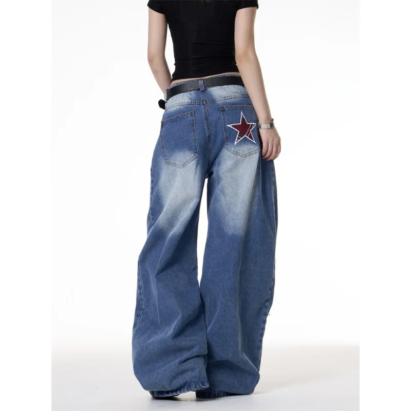

2025 American Vintage Spice Star Embroidered Wide-leg Machete Jeans Female Y2K Punk Style Baggy Slim Joker Straight Mop Pants
