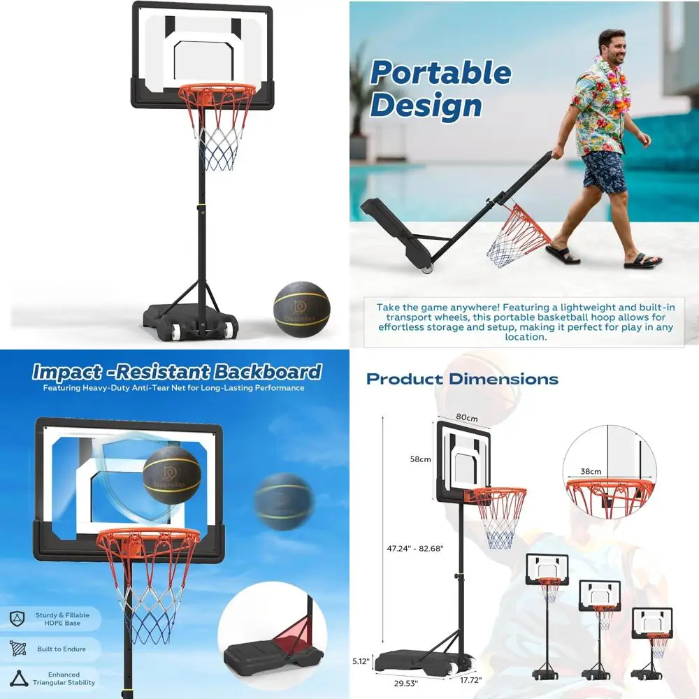 

Баскетбольное кольцо с регулируемой высотой 3,9–6,9 фута, черная полиэтиленовая рама, водяное основание, воздушный насос и резиновый мяч, для использования в помещении и на открытом воздухе