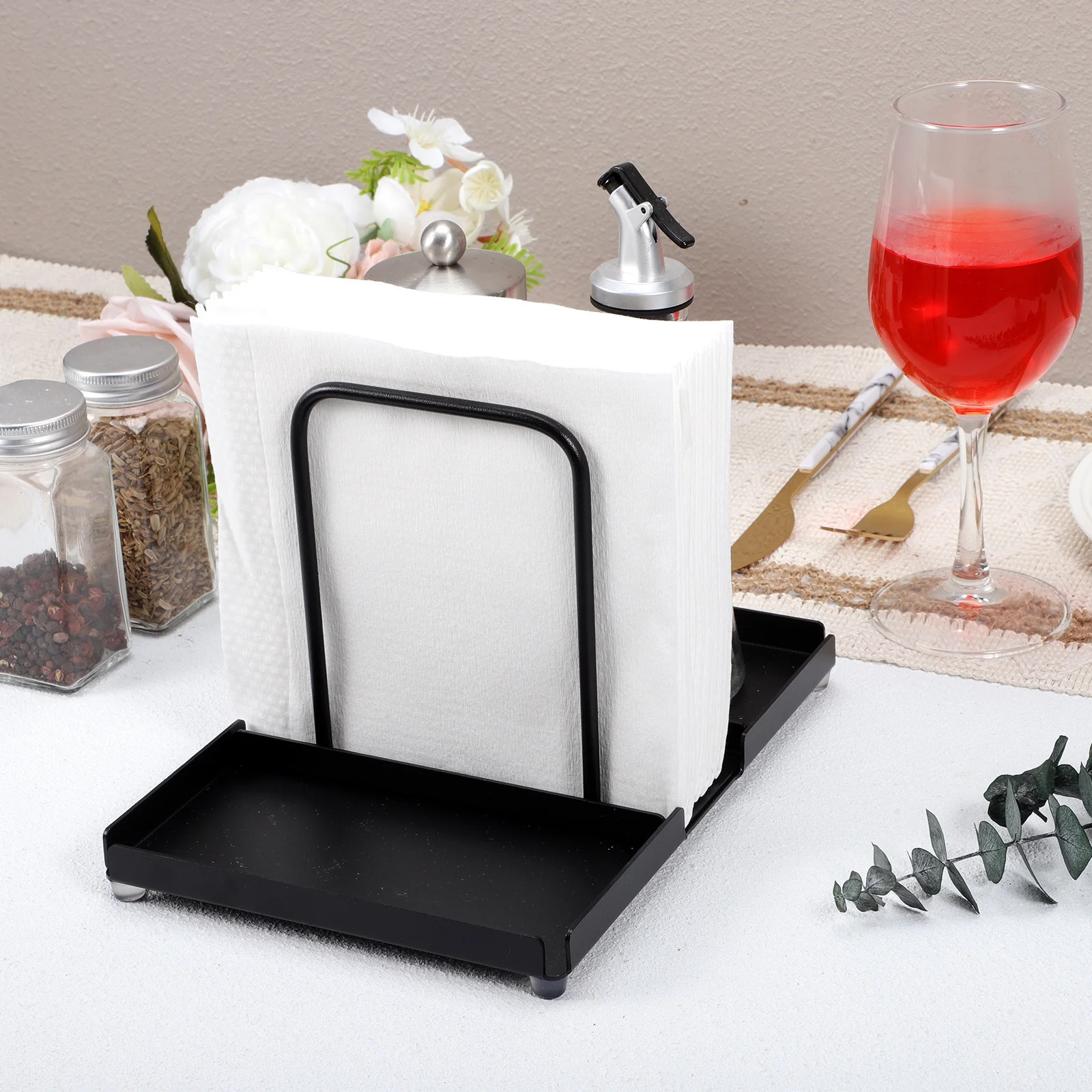 

Kitchen Storage Rack For Paper Napkins Salt Pepper Shakers Organizer Countertop Metal Shelf Utensil Holder