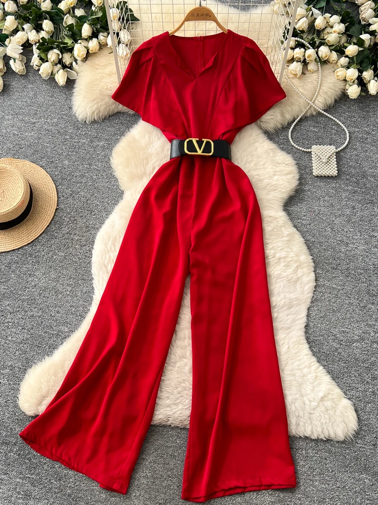 

Slimming High Waist Straight Leg Jumpsuit Women's Summer New Style V-Neck Sleeveless Belted Commute Friendly One-Piece Suit