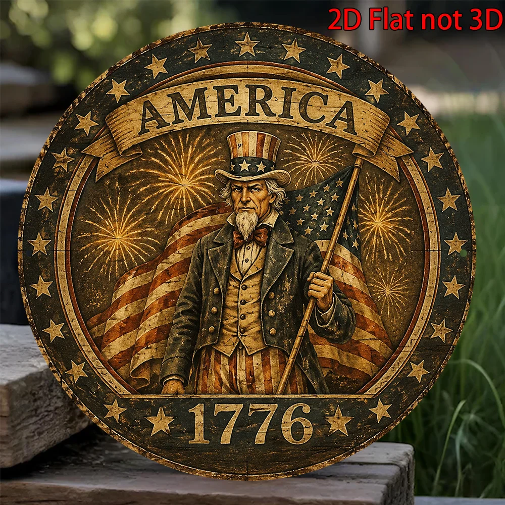 2D Flat, 1pc 8x8in/20x20cm 2D Flat Round Aluminum Sign, Vintage Aluminum Plaque Related to American Independence Day 1776, Uncle