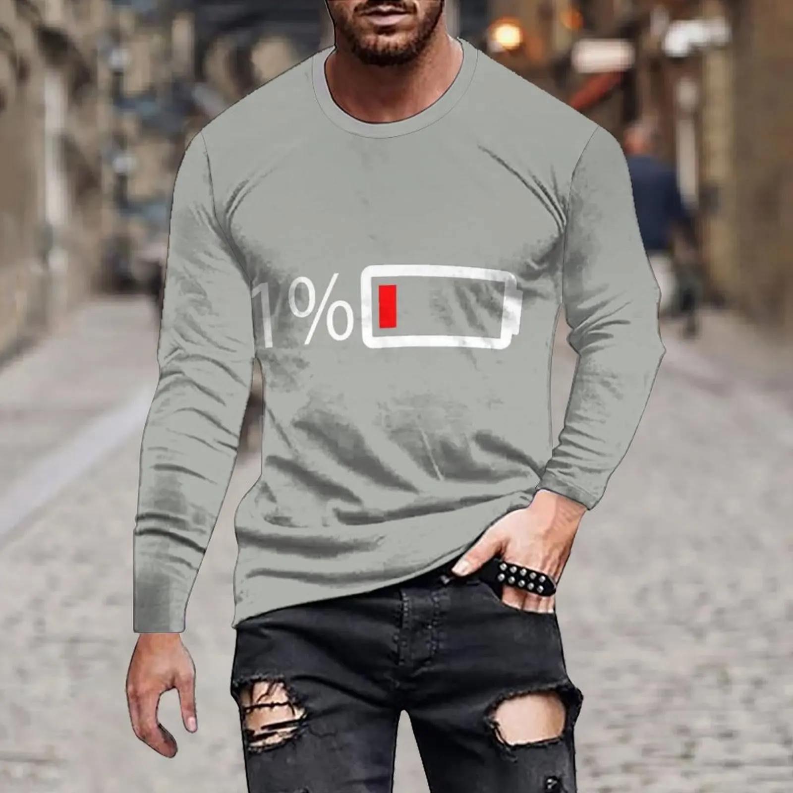 Men's Spring And Autumn Low Battery Print Fashion Loose Casual Warm Simple Black And White Irregular Print Long Sleeve O-neck