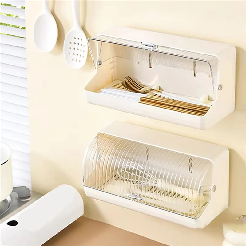 

HGFLE-Large Capacity Chopstick Storage Box - Wall Mounted, Drainable, Dustproof With Lid, Ideal For Tableware Organization