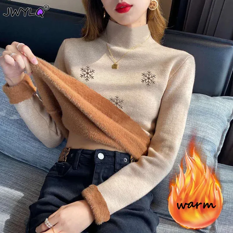 Snowflake Turtleneck Slim Thicken Plus Velvet Sweater Woman 2023 Winter Knitted Pullovers Casual Fleece Lined Warm Knitwear Tops