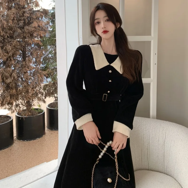 Black Midi Dresses Women French Style Elegant Panelled Casual Autumn High Waist Gentle Office Lady Aesthetic Vestidos De Mujer